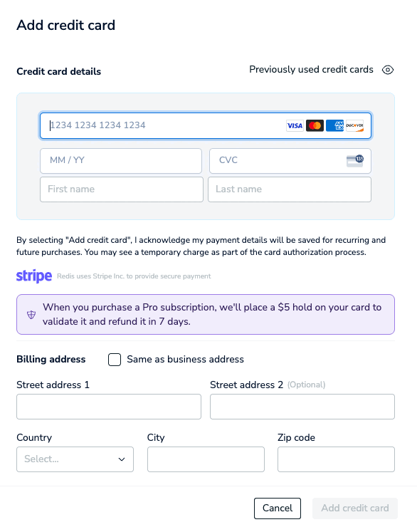 The Add credit card screen after a business address has already been added.