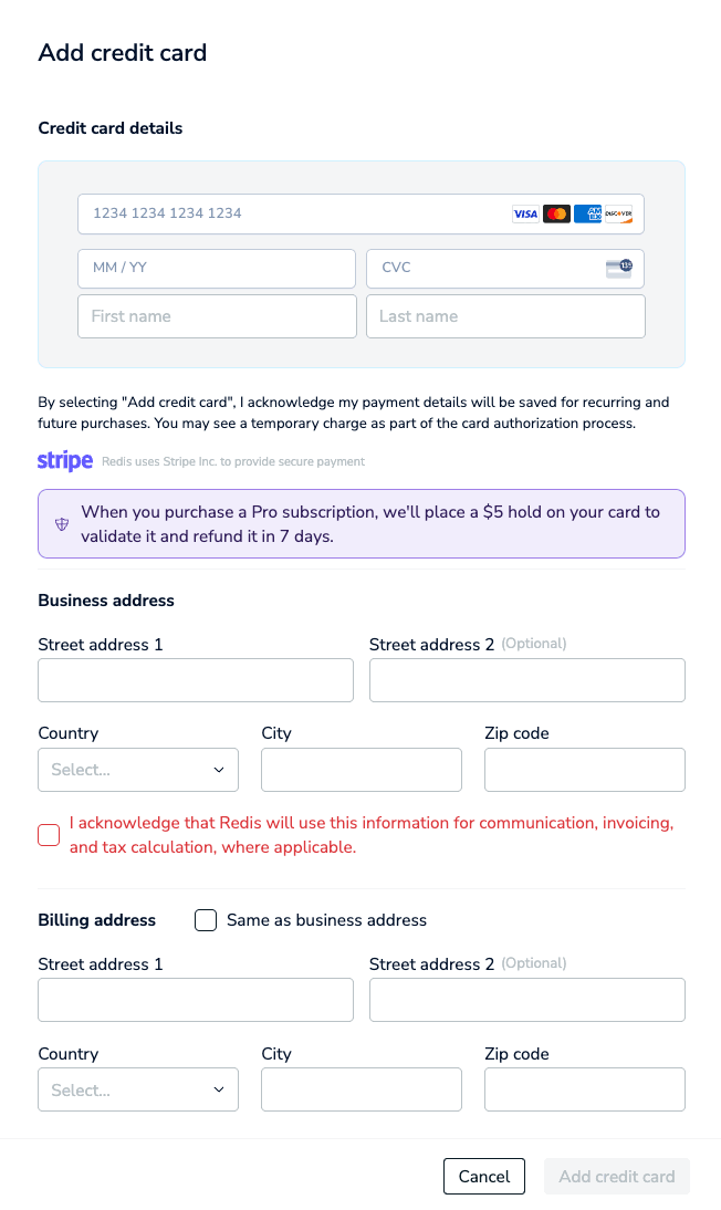 The Add credit card screen before a business address has already been added.